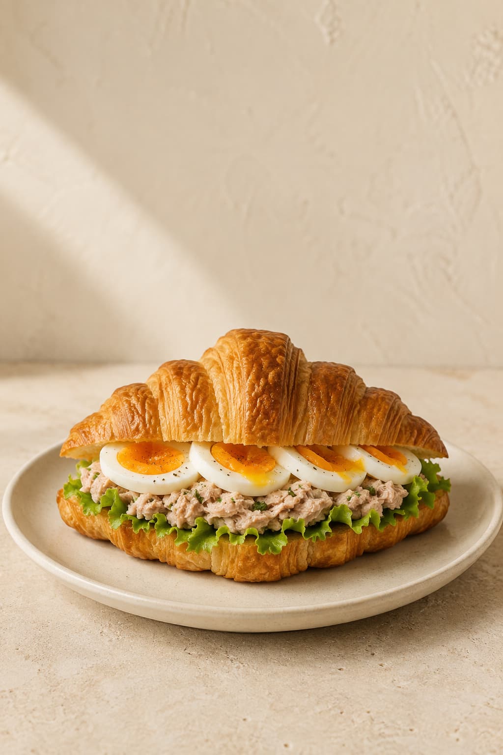 Круассан с тунцом, яйцом и салатом