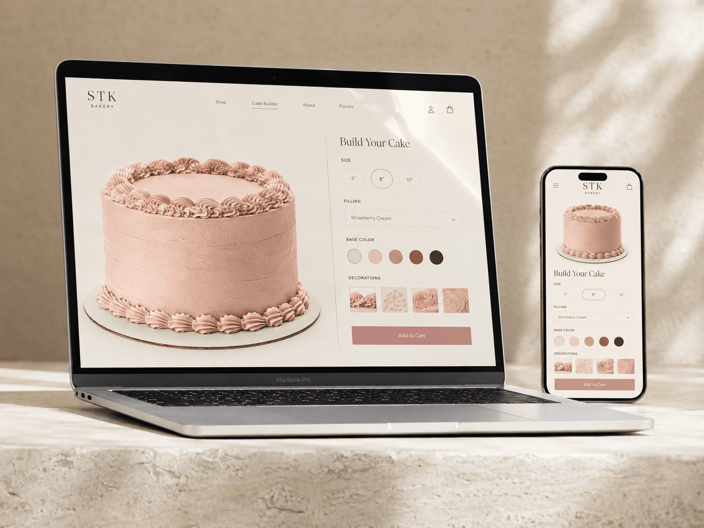 Interactive cake builder on laptop and phone